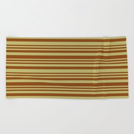 [ Thumbnail: Dark Khaki & Brown Colored Striped Pattern Beach Towel ]