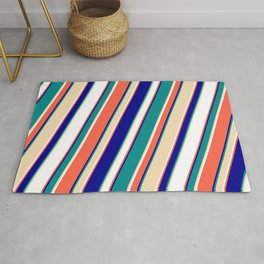 [ Thumbnail: Red, Dark Blue, Dark Cyan, Tan & White Colored Lined/Striped Pattern Rug ]