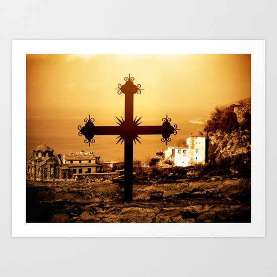Cross and Church Near St. Anne's Skete, Mount Athos, Greece Art Print