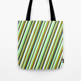 [ Thumbnail: Green, Dark Goldenrod, Dark Slate Gray & Mint Cream Colored Lines/Stripes Pattern Tote Bag ]