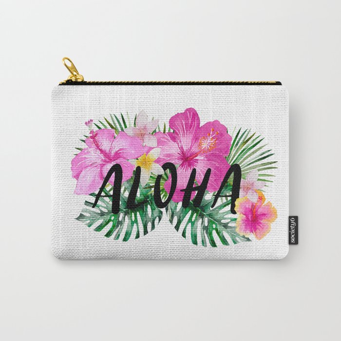 ALOHA - Tropical Flowers, Palm Leaves and Typography Carry-All Pouch