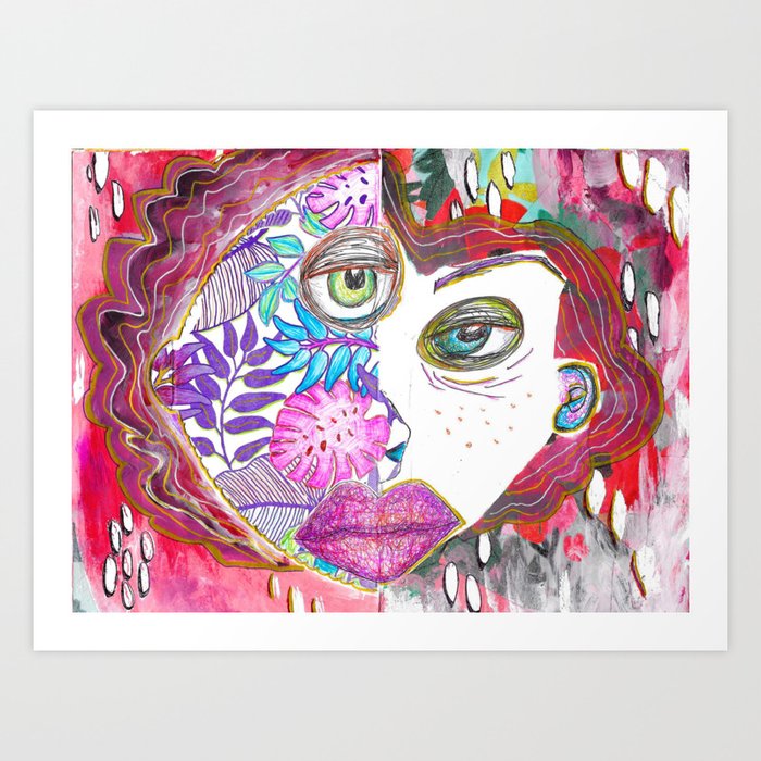 Floral Abstract Woman Collage Acrylic Painting  Art Print