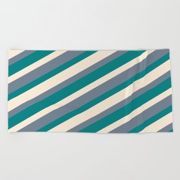 [ Thumbnail: Beige, Slate Gray, and Teal Colored Lined/Striped Pattern Beach Towel ]