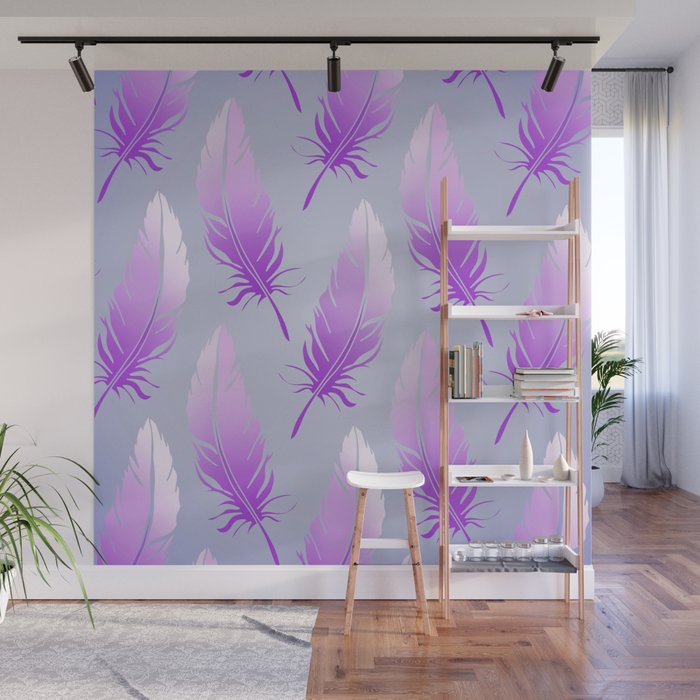 Delicate Feathers (violet on blue) Wall Mural