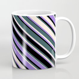 [ Thumbnail: Dark Slate Gray, Beige, Purple & Black Colored Lined Pattern Coffee Mug ]