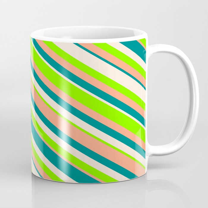 Beige, Chartreuse, Light Salmon, and Teal Colored Lines Pattern Coffee Mug