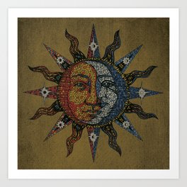 Vintage Celestial Mosaic Sun & Moon Art Print