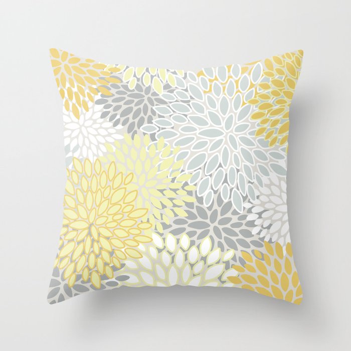 Floral Prints, Soft, Yellow and Gray, Modern Print Art Throw Pillow