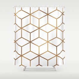 White and Gold - Geometric Cube Design Shower Curtain | Metallic, Graphicdesign, Geometry, Cube, Geometric, Graphic, Minimal, White, Modern, Lines 