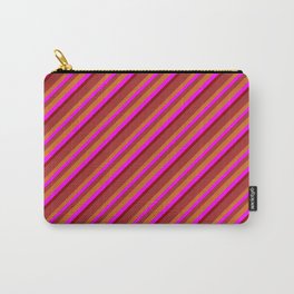 [ Thumbnail: Brown, Chocolate, Fuchsia, and Dark Red Colored Pattern of Stripes Carry-All Pouch ]