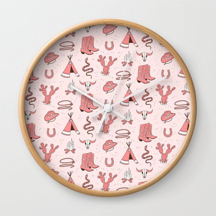 Cute Cowgirl Pattern, Cowboy Print in Blush Pink Wall Clock