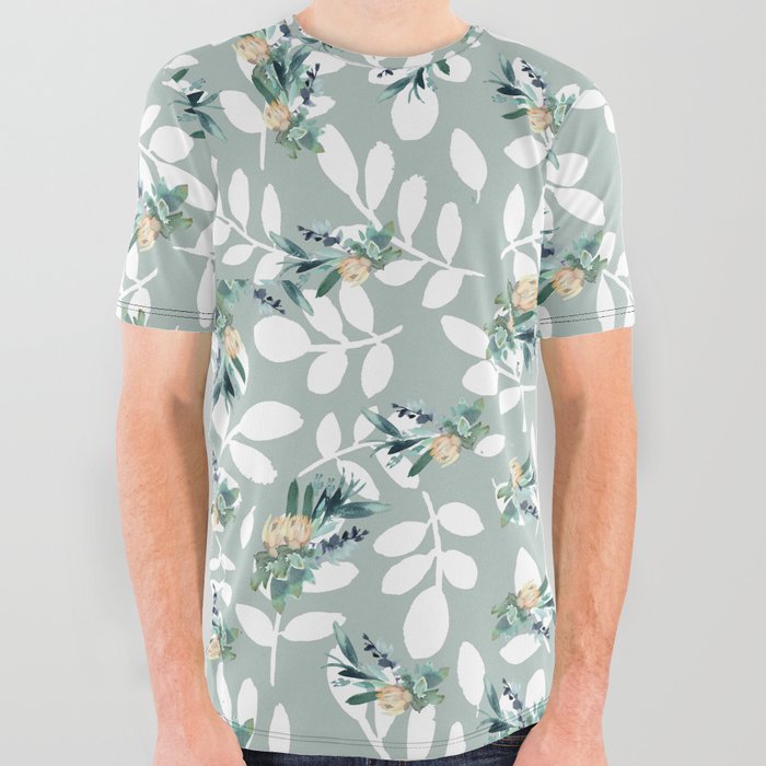Abstract white mint green yellow watercolor cactus floral All Over Graphic Tee