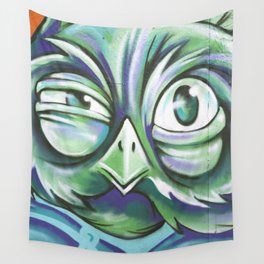 Streetart in Bairo Alto, Lisbon, Portugal - owl, spraypaint, artwork, green and blue - street and travel photography Wall Tapestry
