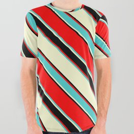 [ Thumbnail: Red, Turquoise, Light Yellow & Black Colored Lined/Striped Pattern All Over Graphic Tee ]