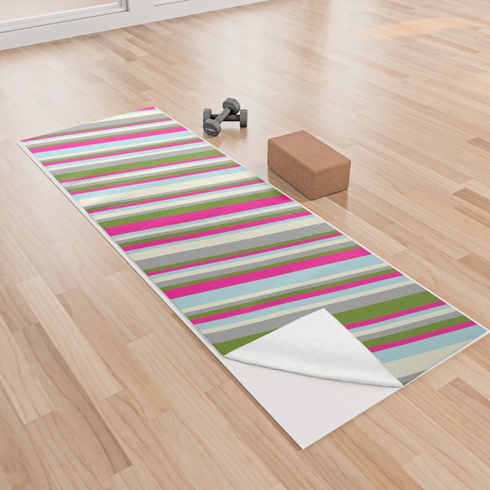 Beige, Dark Gray, Green, Deep Pink, and Powder Blue Colored Stripes Pattern Yoga Towel