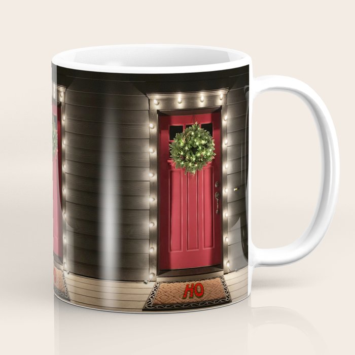Christmas Lights And Wreath On Red Door Coffee Mug By
