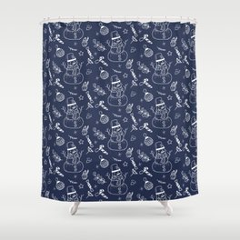 Navy Blue and White Christmas Snowman Doodle Pattern Shower Curtain