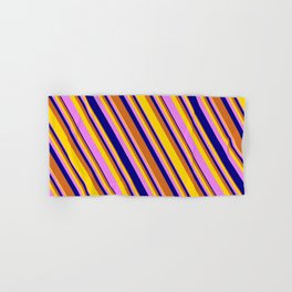[ Thumbnail: Chocolate, Yellow, Violet, and Blue Colored Lined/Striped Pattern Hand & Bath Towel ]