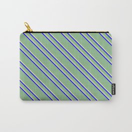 [ Thumbnail: Dark Sea Green, Pale Goldenrod, and Blue Colored Striped Pattern Carry-All Pouch ]