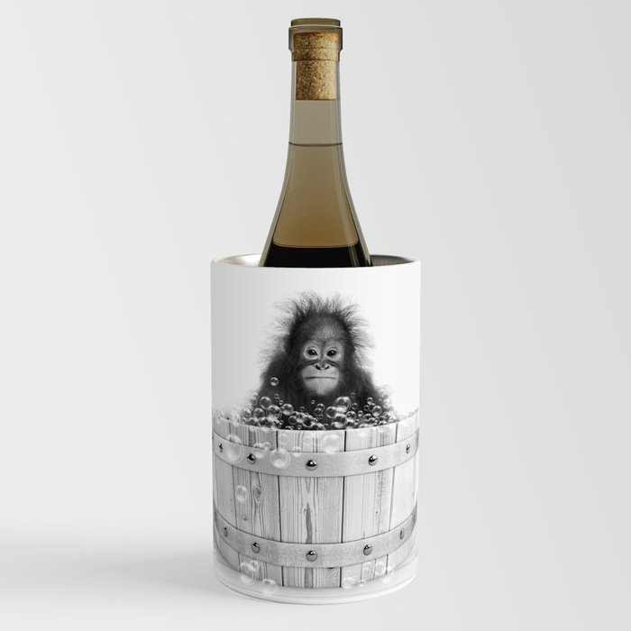 Monkey in a Wooden Bathtub, Baby Orangutan Black and White, Bathtub Animal Art Print By Synplus Wine Chiller