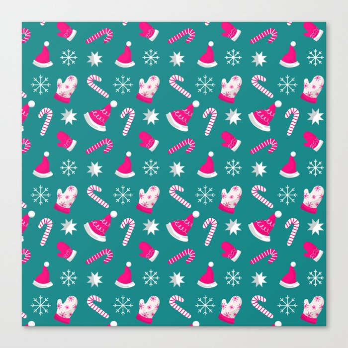 Christmas Pattern Turquoise Glove Hat Candy Canvas Print