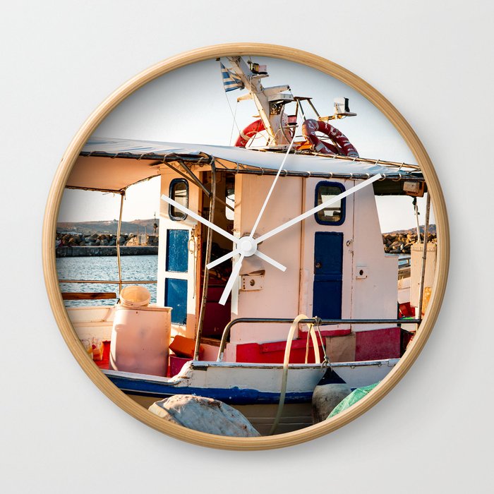 Greek Fishers Boat | Colorful Travel Photography in Greece, Europe   Wall Clock