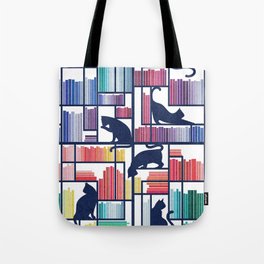 Rainbow bookshelf // white background navy blue shelf and library cats Tote Bag