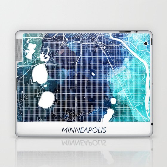 Minneapolis Minnesota City Map Navy Blue Turquoise Watercolor Minneapolis USA States City Street Map Laptop & iPad Skin