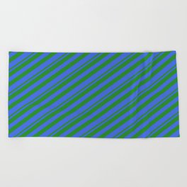 [ Thumbnail: Forest Green & Royal Blue Colored Lined Pattern Beach Towel ]