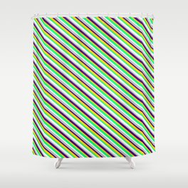 [ Thumbnail: Vibrant Indigo, Yellow, Green, White, and Grey Colored Lines Pattern Shower Curtain ]