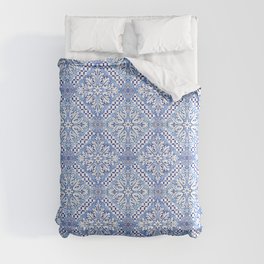 Watercolor Summer Portuguese Tiles in Blue and White Comforter
