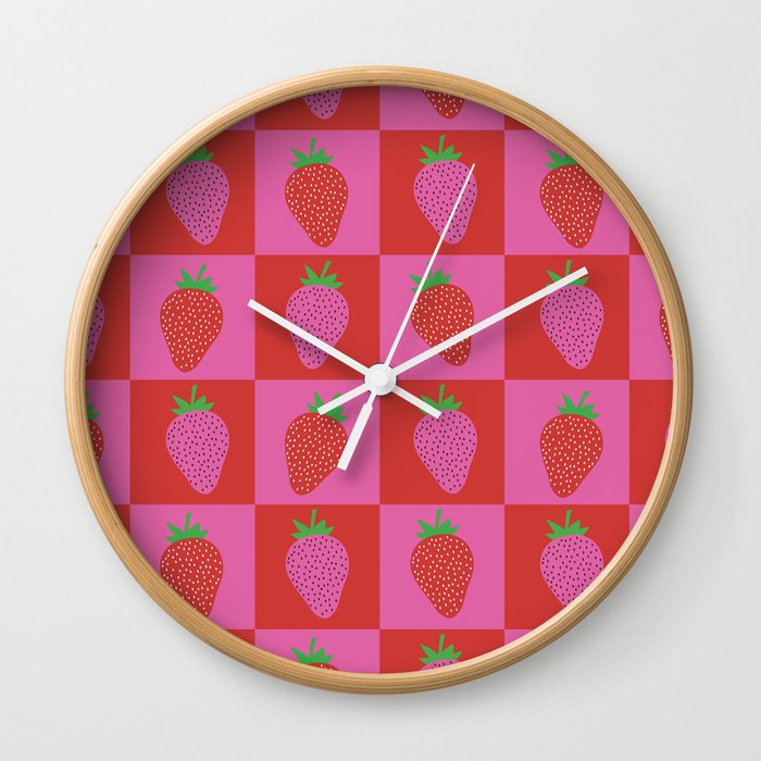 Checkered Red and Pink Strawberries Wall Clock