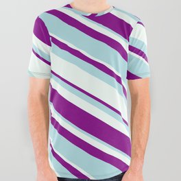 [ Thumbnail: Purple, Powder Blue, and Mint Cream Colored Lined/Striped Pattern All Over Graphic Tee ]