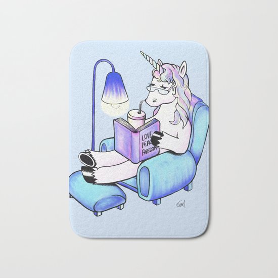 Reading unicorn (blue) Bath Mat