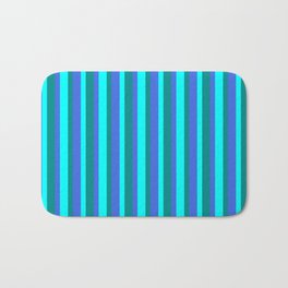 [ Thumbnail: Royal Blue, Dark Cyan, and Aqua Colored Stripes/Lines Pattern Bath Mat ]