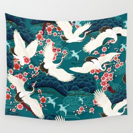 Japanese Crane Oriental Teal Ocean Pattern Wall Tapestry
