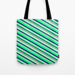 [ Thumbnail: Dark Sea Green, Mint Cream, Green, and Blue Colored Striped Pattern Tote Bag ]