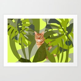 Tropical Jungle with red tiger cat Art Print