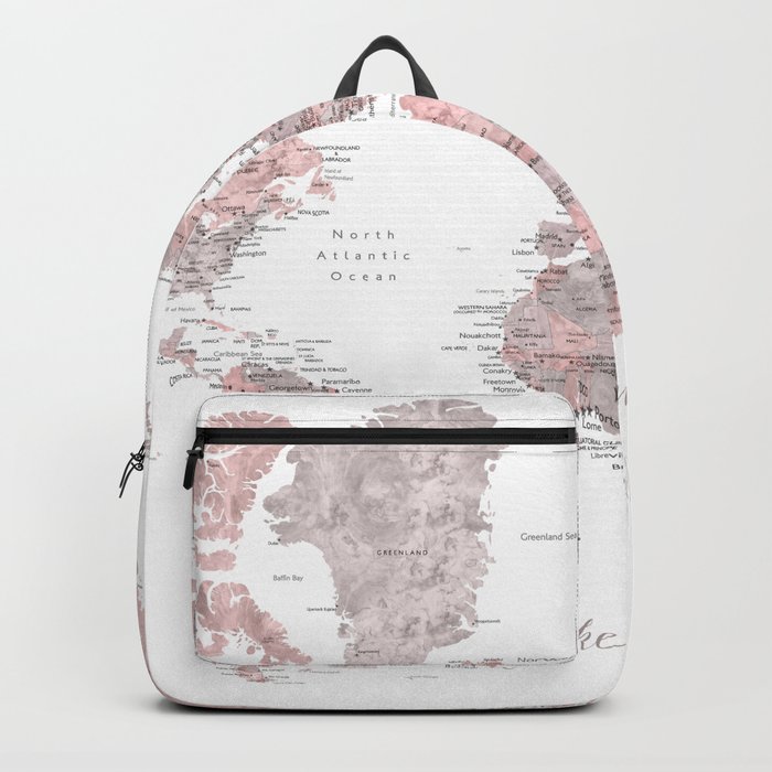 Make memories - Dusty pink and grey watercolor world map, detailed Backpack