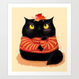 Chubby black cat in sweater Art Print