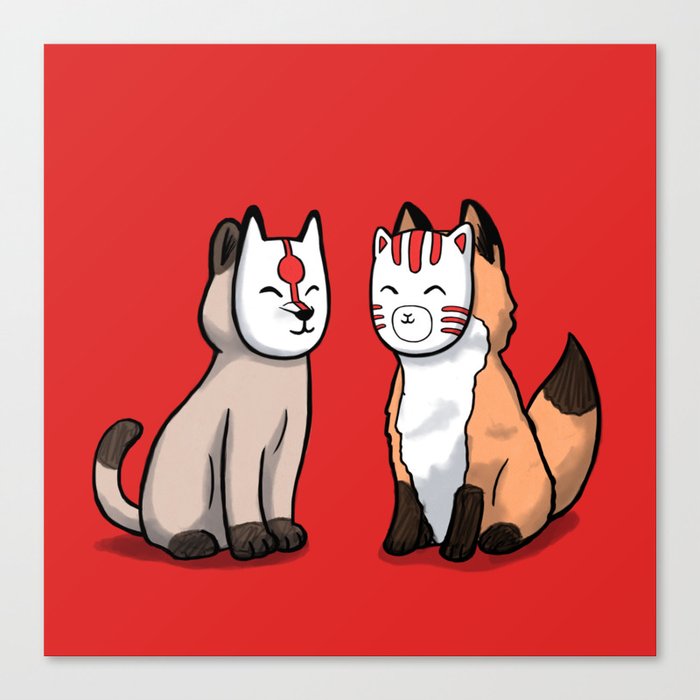 Cat and fox wearing japanese mask Canvas Print