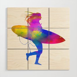 Running Woman with Surfboard Wood Wall Art