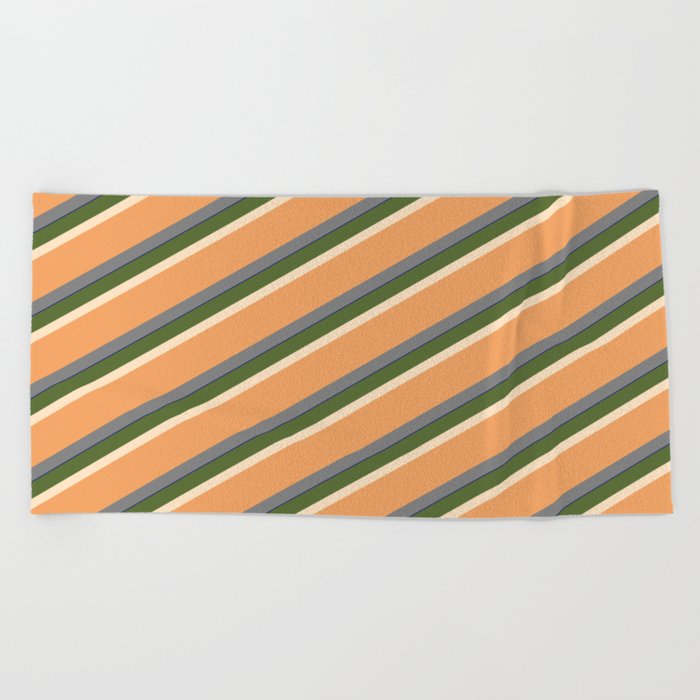 Vibrant Dark Olive Green, Bisque, Brown, Gray, and Dark Blue Colored Striped Pattern Beach Towel