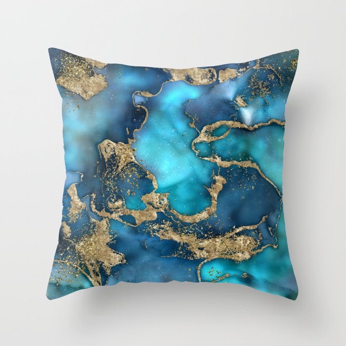 Dreamy Blue Teal and Gold Throw Pillow