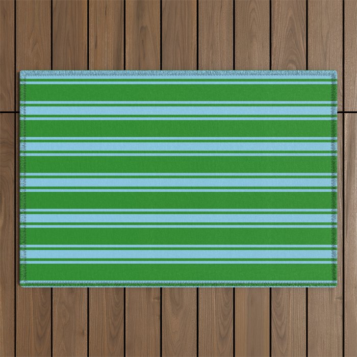 Forest Green and Sky Blue Colored Lined/Striped Pattern Outdoor Rug