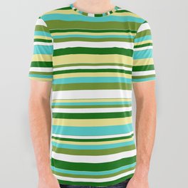 [ Thumbnail: Tan, Turquoise, Green, White, and Dark Green Colored Pattern of Stripes All Over Graphic Tee ]