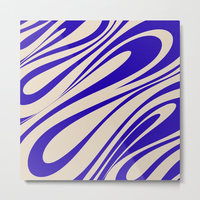 Fluid Vibes Retro Aesthetic Swirl Abstract Pattern in Cobalt Blue and Beige Metal Print