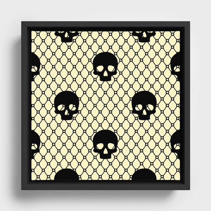 Black skulls Lace Gothic Pattern on Butter Yellow Framed Canvas
