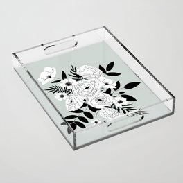 Floral Bouquet Illustration || Hand drawn flowers || Black, white, blue Acrylic Tray
