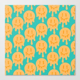 Melted Smiley Faces Trippy Seamless Pattern - Blue and Yellow Canvas Print